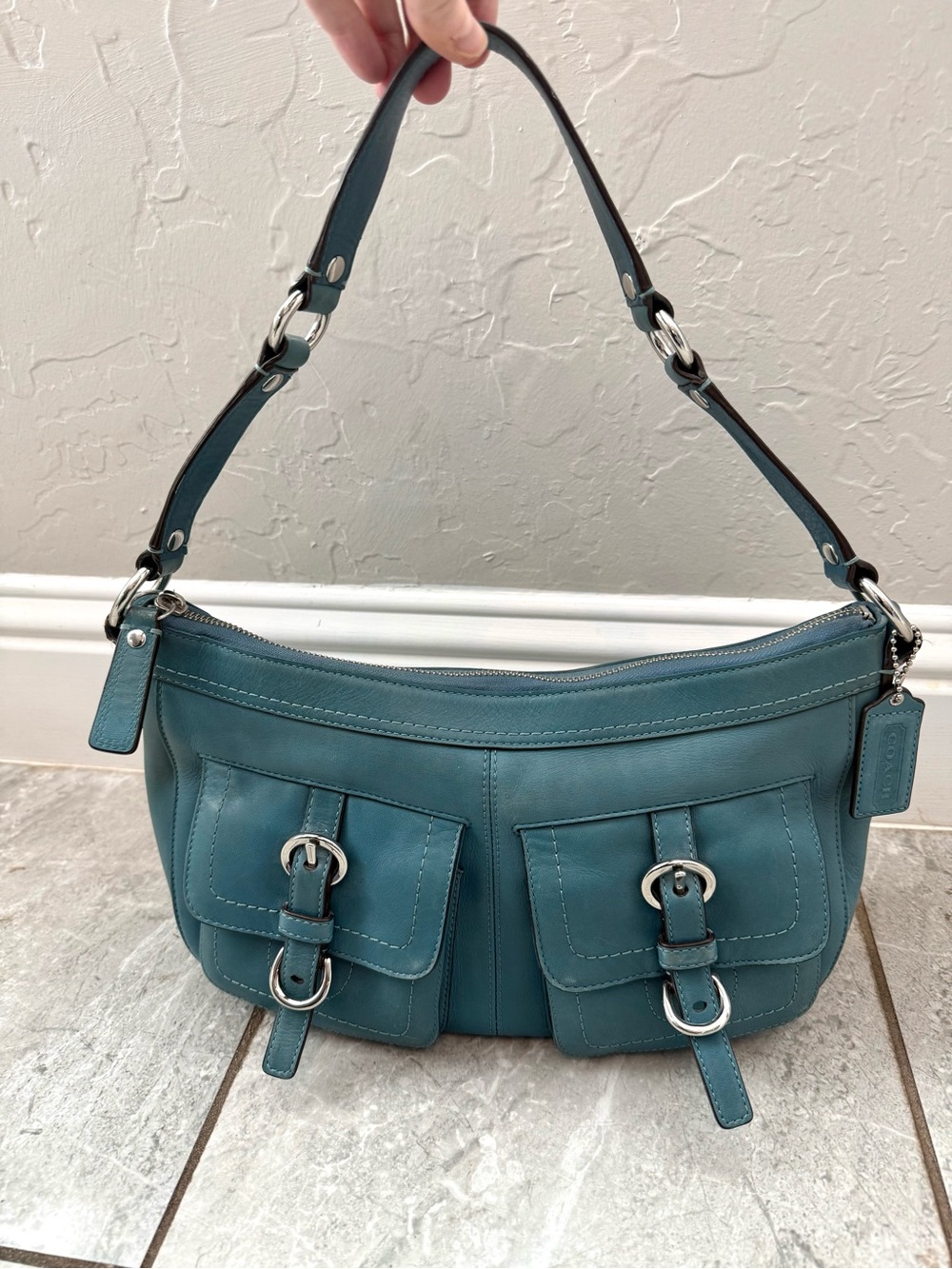 Coach Legacy 11127 Teal Leather Shoulder Bag 2007 Y2K buckles silver hardware